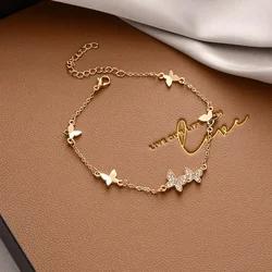 New Korean Fashion Zircon Butterfly Bracelets for Women Cute Gold Color Stainless Steel Chains Bangles Party Jewelry Girl Gift
