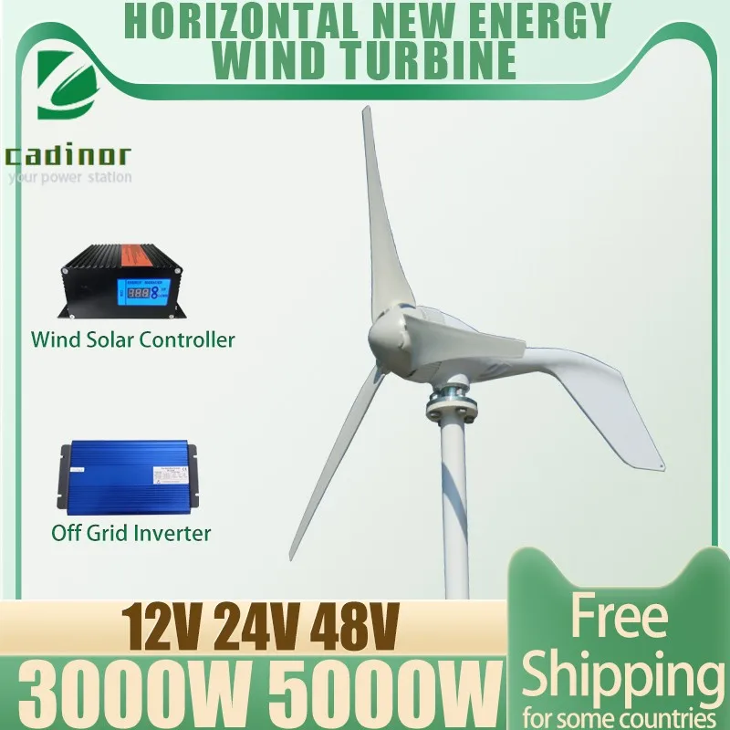 3000W 12V 24V 48V Horizontal Home Wind Turbine Free Energy 3 5 Blades Wind Generator Power Windmill With MPPT Hybrid Controller