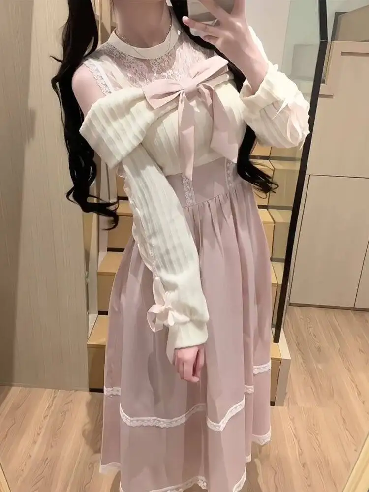 Japanische Süße Y2k Prinzessin Kleid Lolita Kleid Frauen Elegante Bogen Spitze Patchwork Off Schulter Langarm Party Kleider Weibliche