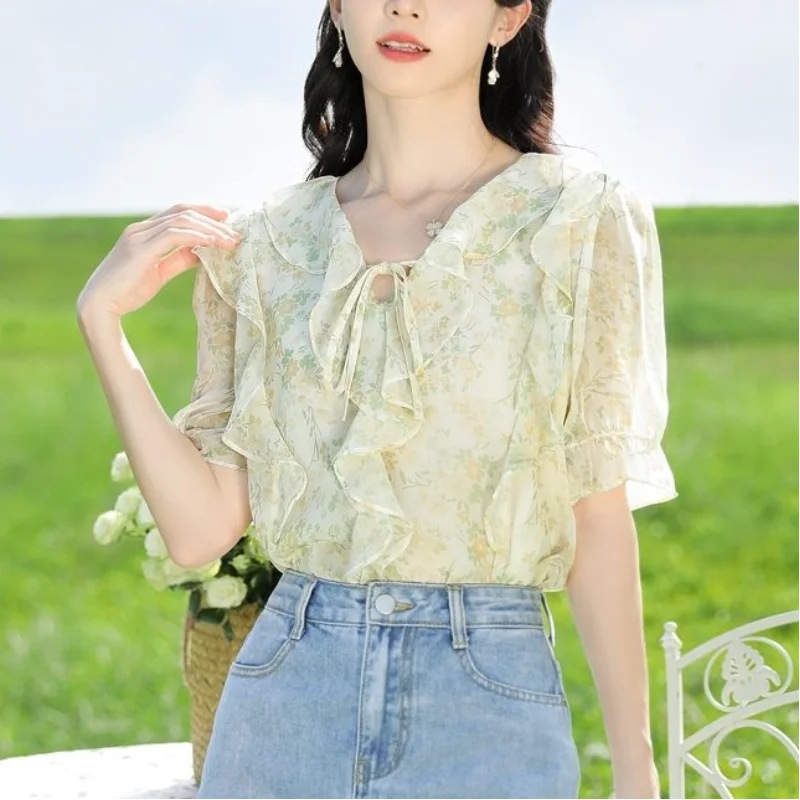 女性用半袖気質プルオーバーシャツ、革新的な服、シンプルなプリント、引きひも、Vネック、夏のファッション、新しい、2024