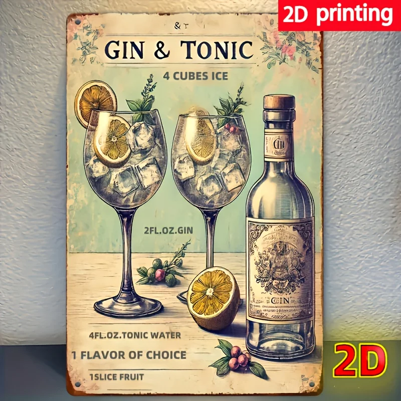 [1 Stück Vintage Gin Metallschild] 1 Stück Vintage Metallblechschild, Gin & Tonic Rezept, 20,32 x 30,48 cm, hängende Wandkunst aus Eisen, kubische Form,