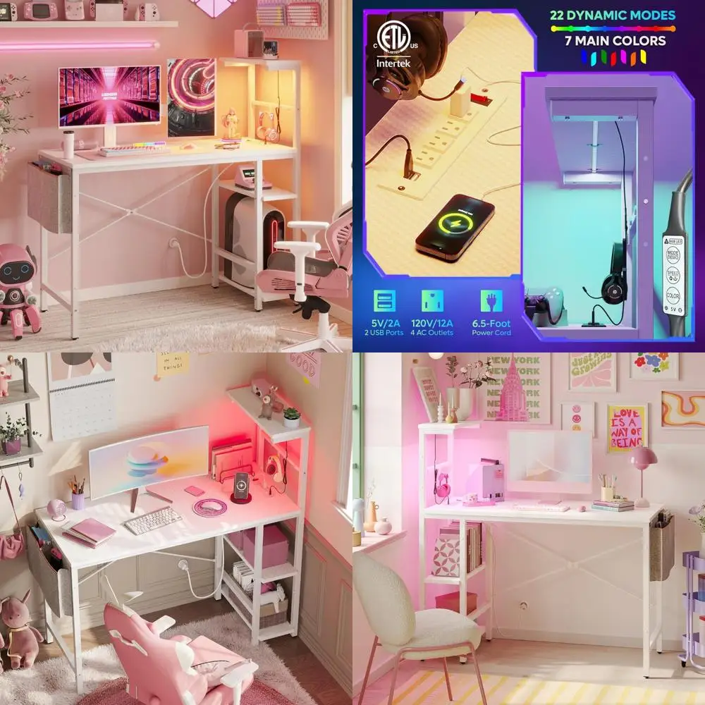 LED Gaming Desk 44 Inch with Power Outlets, 4-Tier Reversible Shelves, PC Desk with Headset Hook, Ergonomic Design for Gamers