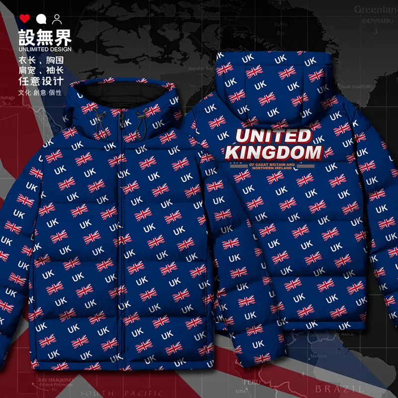 UK United Kingdom of Great Britain UK country flag White duck down Jackets Comfortable Thick mens Hooded Man down coat Winter