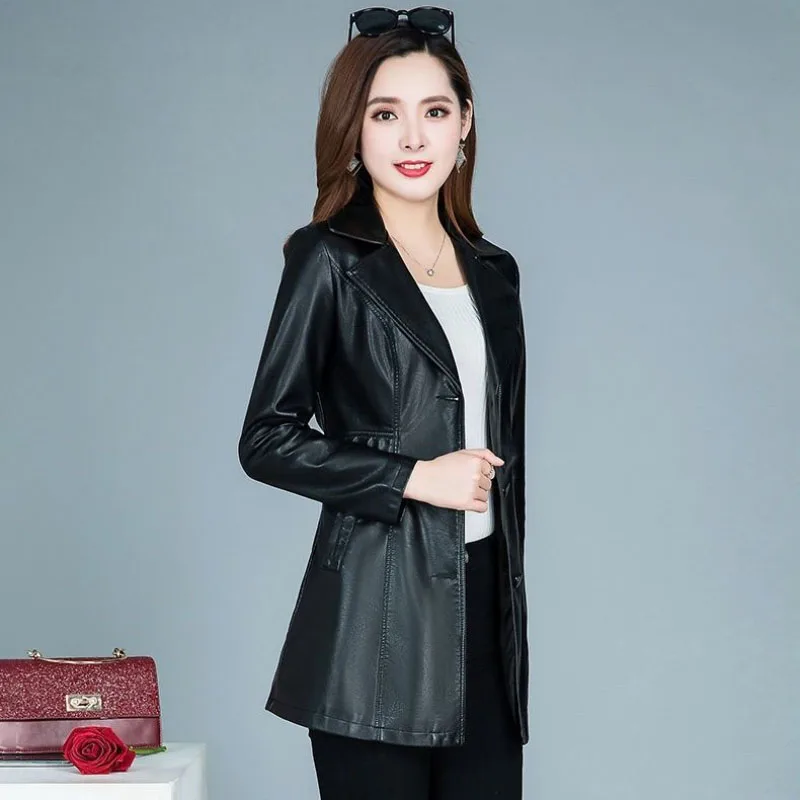 Formal Leather Jacket Women\'s Overcoat Spring Autumn New Chic Leather Coat Korean Mid-length Slim Casual PU Leather Windbreakers