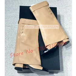 Apricot Flod Over Knee High Boots Women Splicing Round Toe Block Heels Boots Ladies Spring Button Decor Fashion Bicolor Shoes