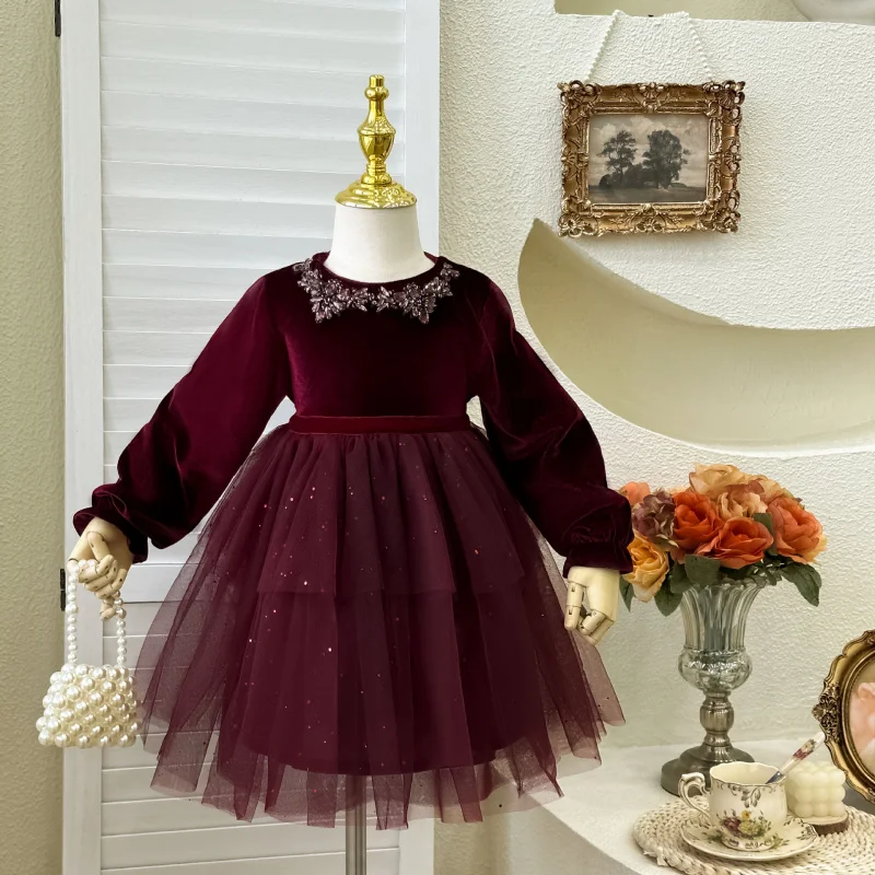 

Girls' Dress2024Autumn New Velvet Little Girl High Sense Birthday Dress Fashion Baby Princess Dress