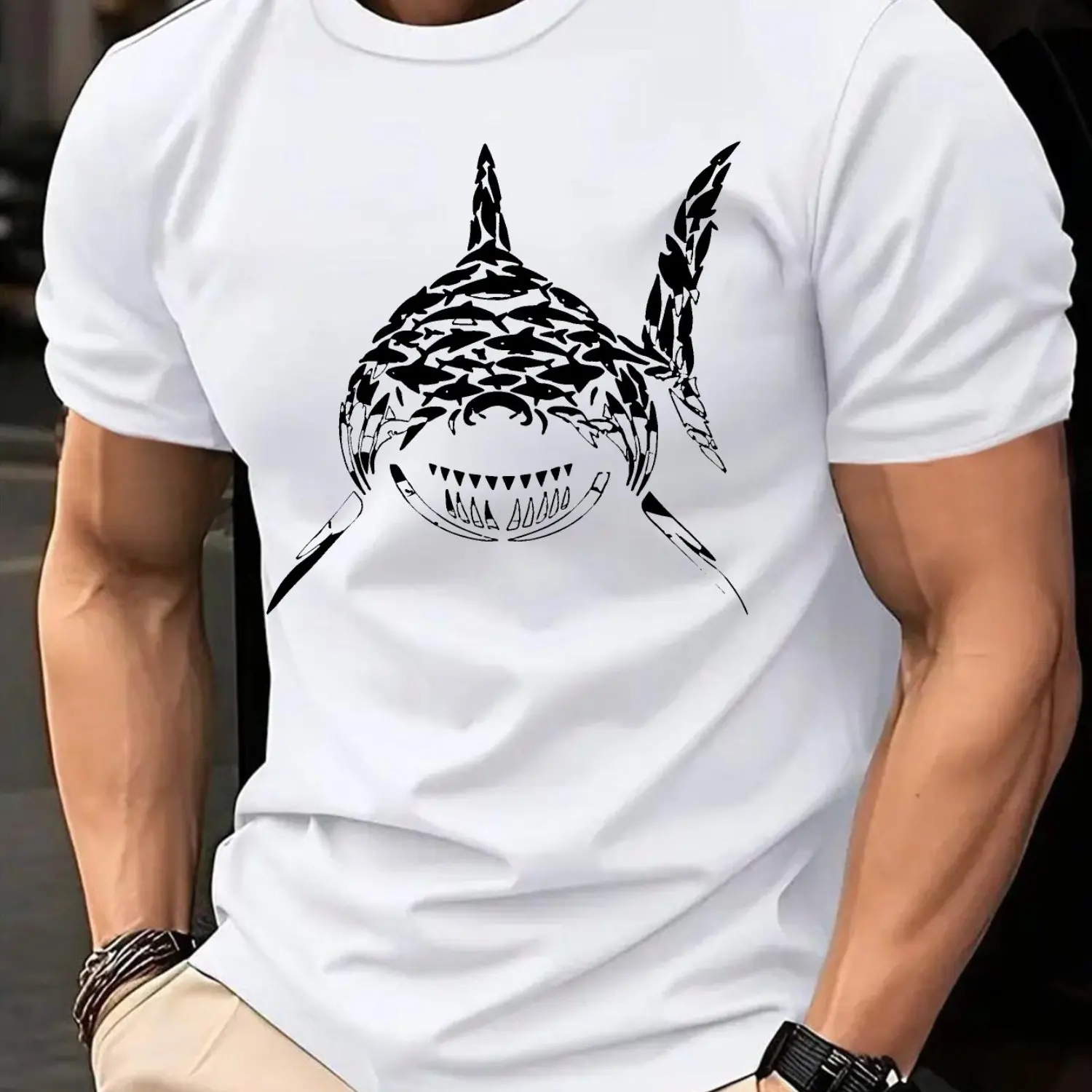 White with Bold Shark Design Printed T-shirt Men Women Cotton Loose Casual Short Sleeve T-shirt Men's T-shirt Men's Clothe