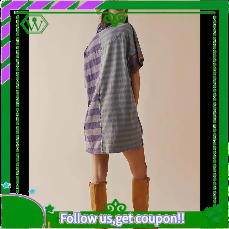 A18P-Women Contrast Striped Babydoll Y2k Summer Patchwork Mini T- Shirt Vintage V Neck Short Sleeve Dress