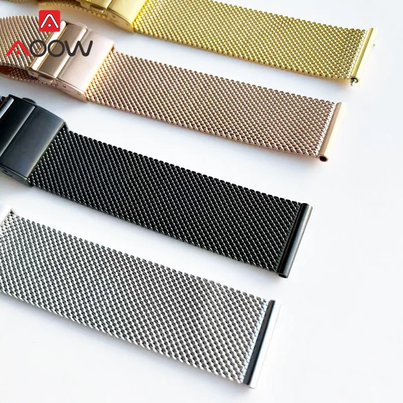 Pulseira de aço inoxidável Milanese Loop para homens e mulheres, pulseira de fivela dobrável, pulseira de metal, acessórios de relógio 16mm, 18mm,