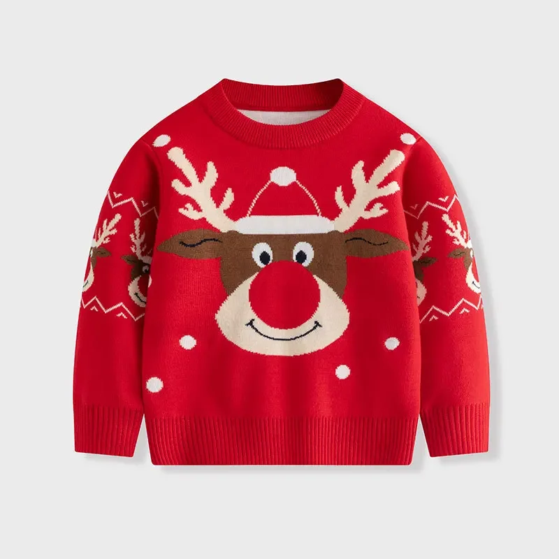 

New Kids Cute Cartoon Elk Jacquard Christmas Warm Knitted Crew Neck Sweater Knitwear Baby Boys Girls Autumn Winter Xmas Sweaters