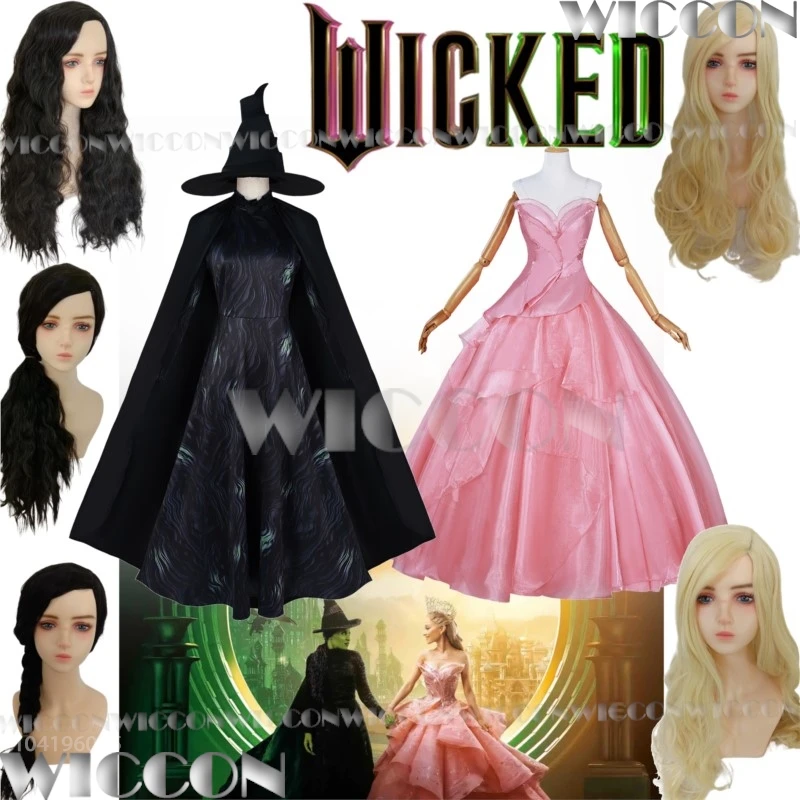 Wicked Glinda Elphaba Galinda Cosplay Costume Prop Black Blonde Wig Witch Pink Dress Black Suit Women Girl Holloween Customized