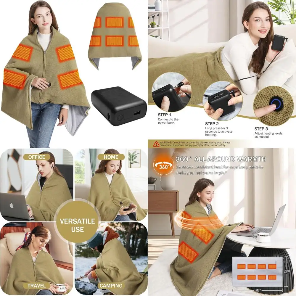 

Portable Cordless Heated Blanket, 58x32 Green & Gray, 3 Temperature Settings, 20000mAh Power Bank, Ideal for Indoor and Outdoor