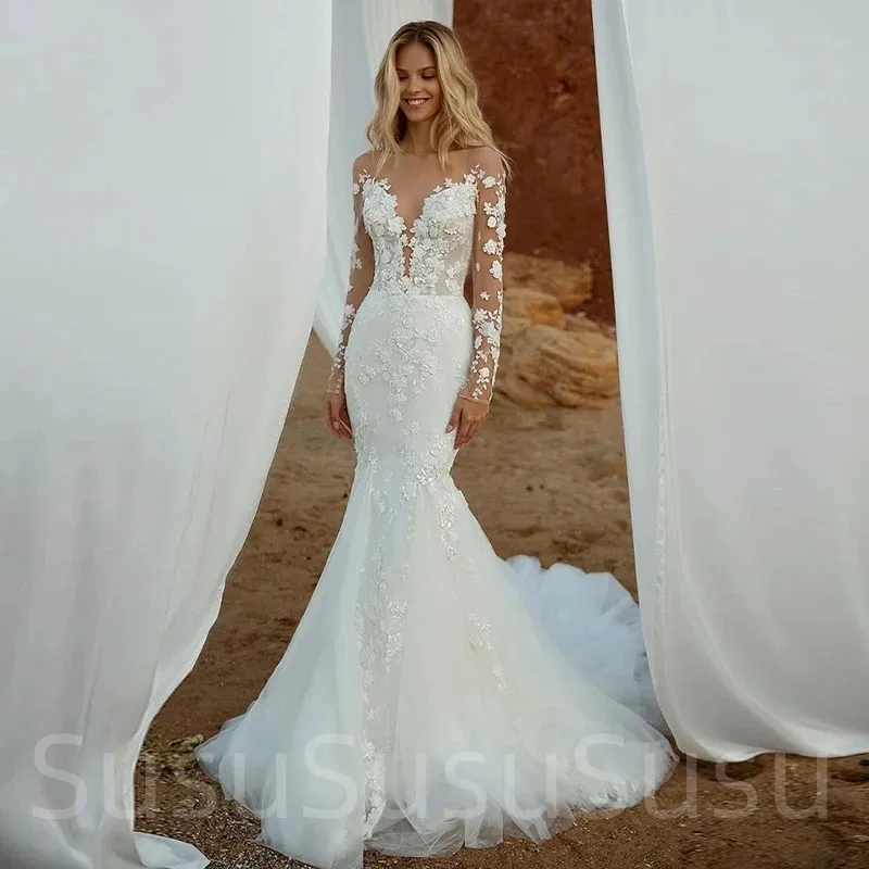 Bohemian Wedding Dresses Elegant Women Sexy 2023 V-Neck Mermaid Detachable Two In One Applique Button Bridal Gowns Vestidos De