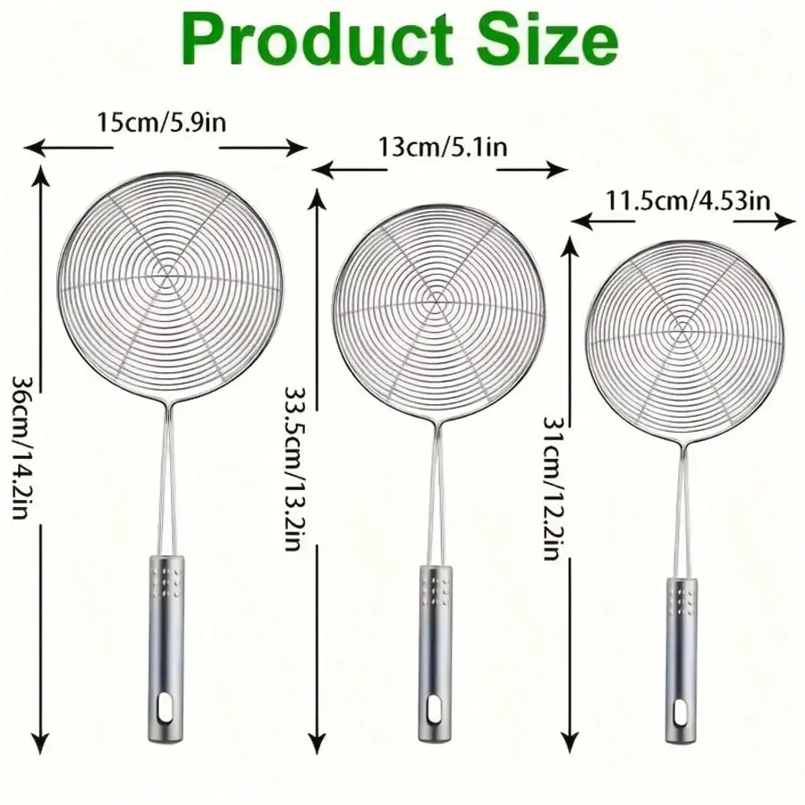 Stainless Steel Spider Strainer Set, Durable Metal Skimmers With Long Handles, Food-Safe Skimming Spoons For Frying, Pasta, With Hanging Loop, For 30.51cm, 32.0cm, 35.0cm Kitchen Tools