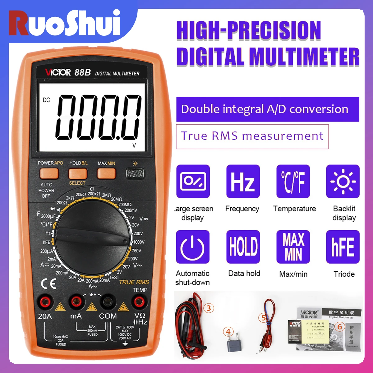 Victr 88B Digital Multimeter Ture RMS 2000 Counts LCD Tester New Capacitance Resistance Manual Range Temperature Frequency