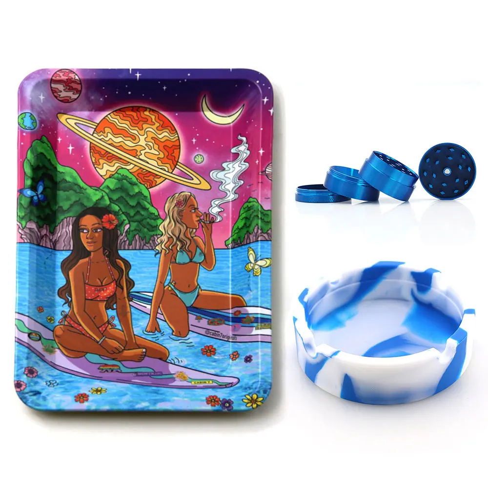 

18cmx12.5cm Smoke Herb Tobacco Rolling Smoke Tray Silicone Ashtray Ash Tray and 40mm Metal Grinder Smoking Accessories