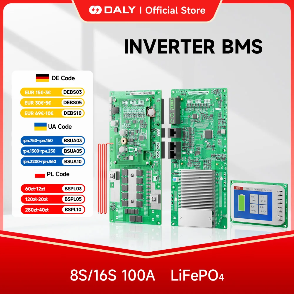 Daly Smart Inverter BMS LiFePo4 8S 16S 24V 48V 100A 1A Bilanciatore attivo BMS Famiglia di accumulo di energia per Growatt Deye Pylon Inverter