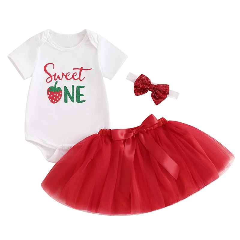 

3-Piece Baby Girls Set Letter Strawberry Print Short Sleeve Romper Bow Gauze Skirt Sequins Hair Band Birthday Outfits