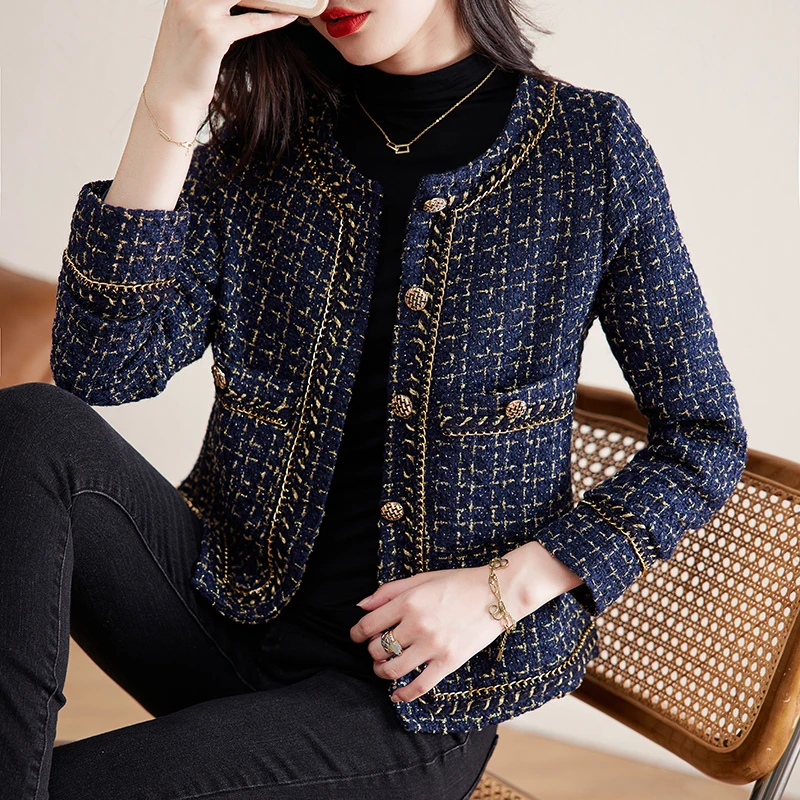 

Elegant Tweed Jacket For Women Luxury 2023 Fall Winter Metal Chains Woolen Jackets Korean Single Breasted Coat Female Chaquetas