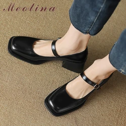 Meotina Women Square Toe Mary Janes Thick High Heels Buckle Pumps Shallow Ladies Fashion Shoes Spring Summer Brown Black 43