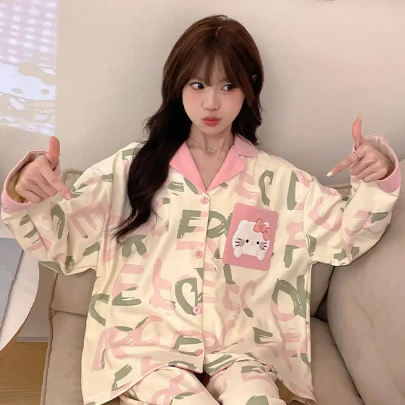 Kawaii pijamas terno olá kitty usagi algodão primavera anime hachiware mangas compridas calças pijamas casuais meninas estudante homewear