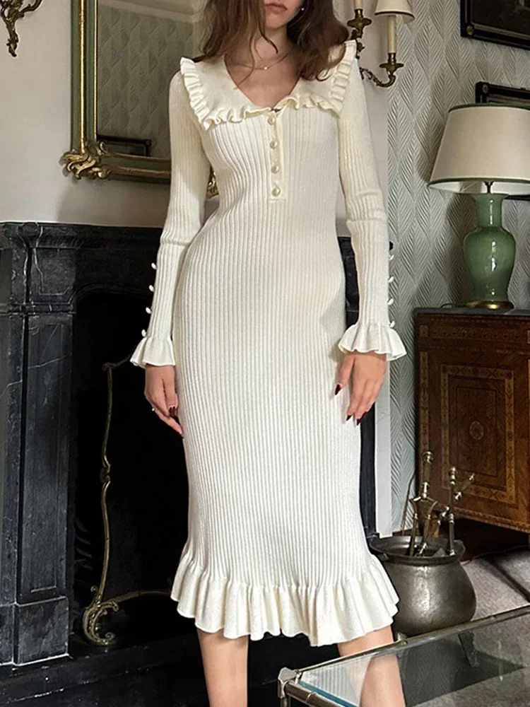 

Knitted White Dress Women French Elegant Vintage Ruffles Long Dresses Female Autumn Winter Long Sleeve Skinny Party Club Dresses