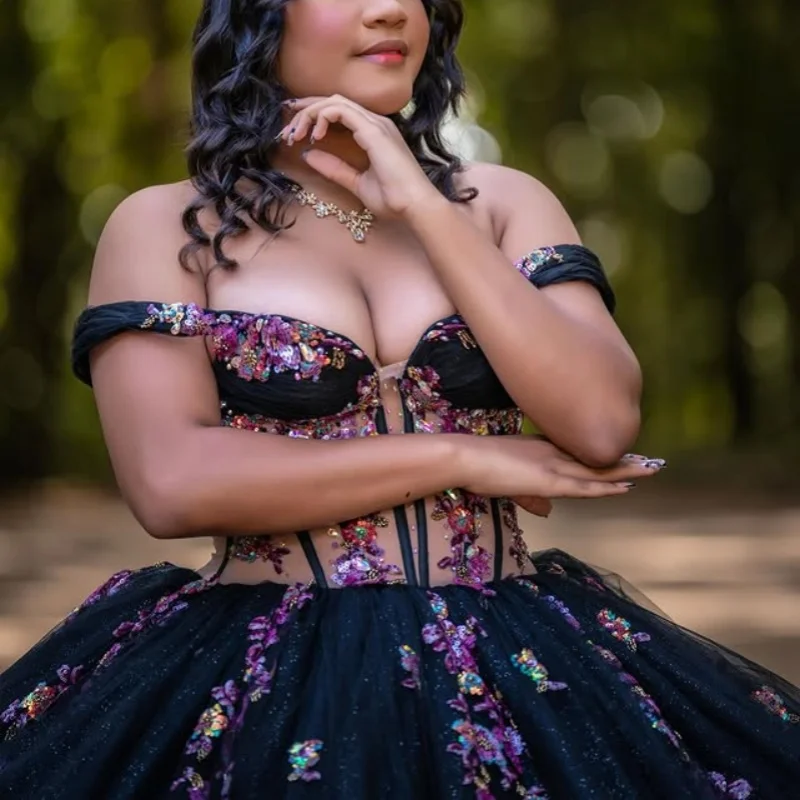 

Customized Shiny black Quinceanera Dresses Off the Shoulder Sequin decal flower crystal Lace Long tail Vestido De 15 Quinceanera
