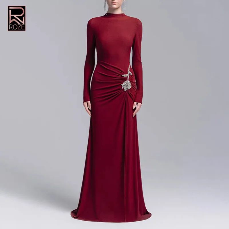 فستان أنيق متوسط الطول موديل 2025 مع كشكشة وأحجار الراين - فستان بقصة ضيقة ورقبة دائرية #2