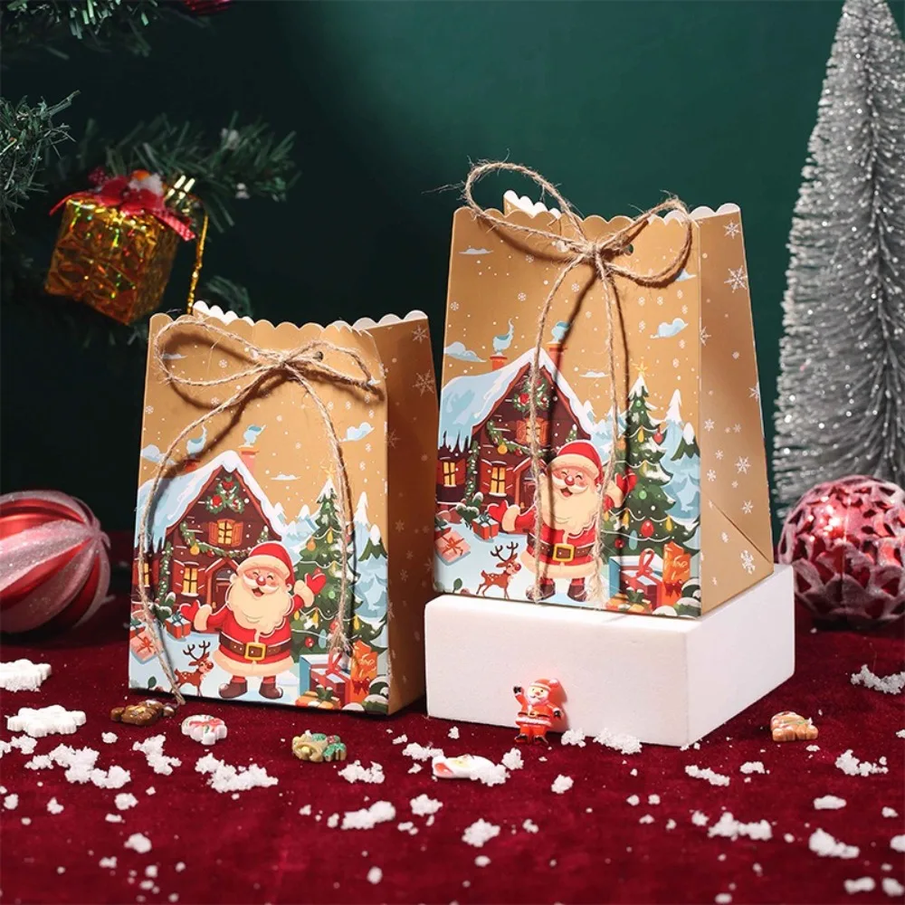 10PCS Christmas Kraft Paper Bags Snowman Santa Claus Gift Wrapping Colorful Cartoon with Rope Gift Bags Christmas Storage