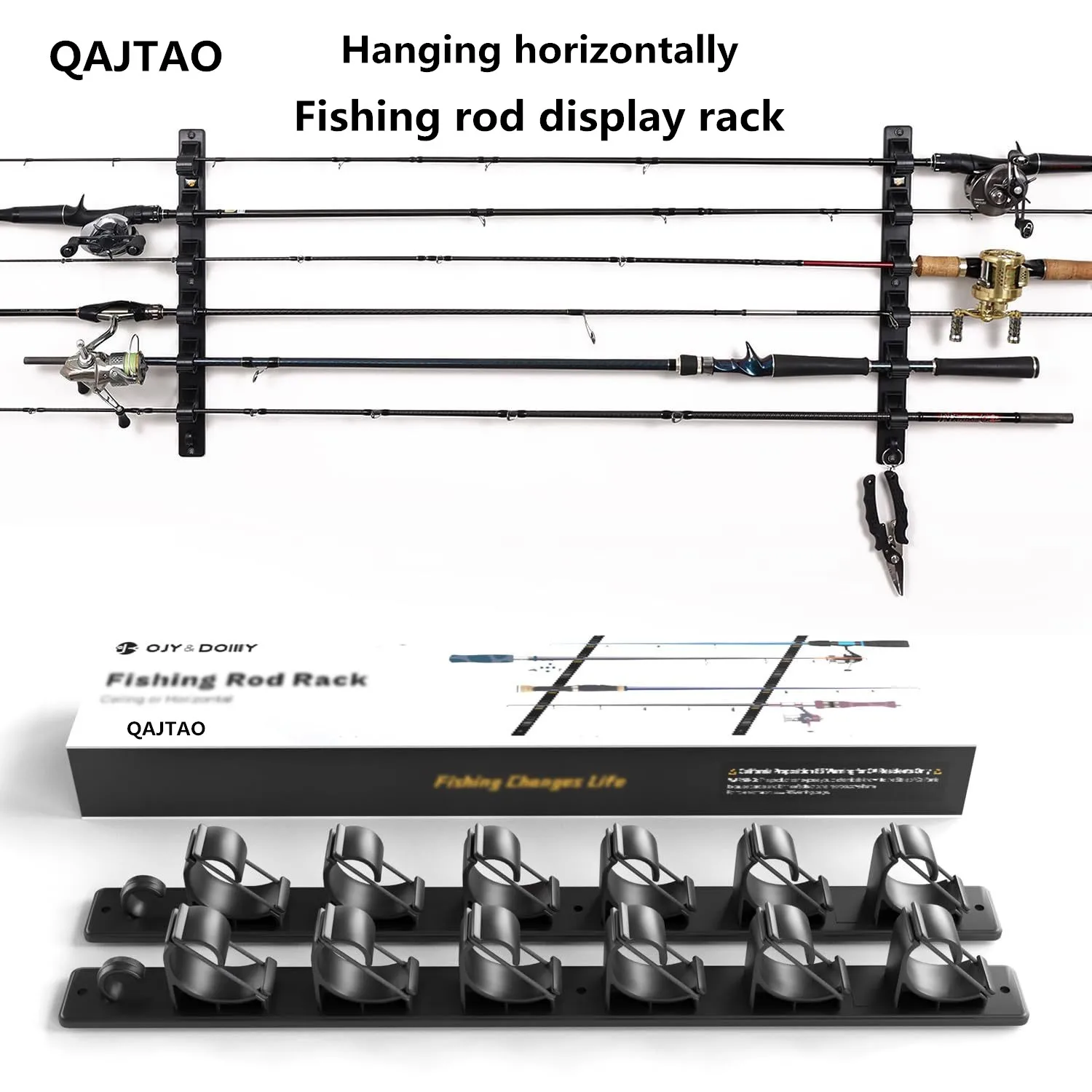Suporte de exibição horizontal/suspenso para vara de pesca QAJTAO, versão nova com 6 posições, configuração universal para vara de pesca Luyatai.