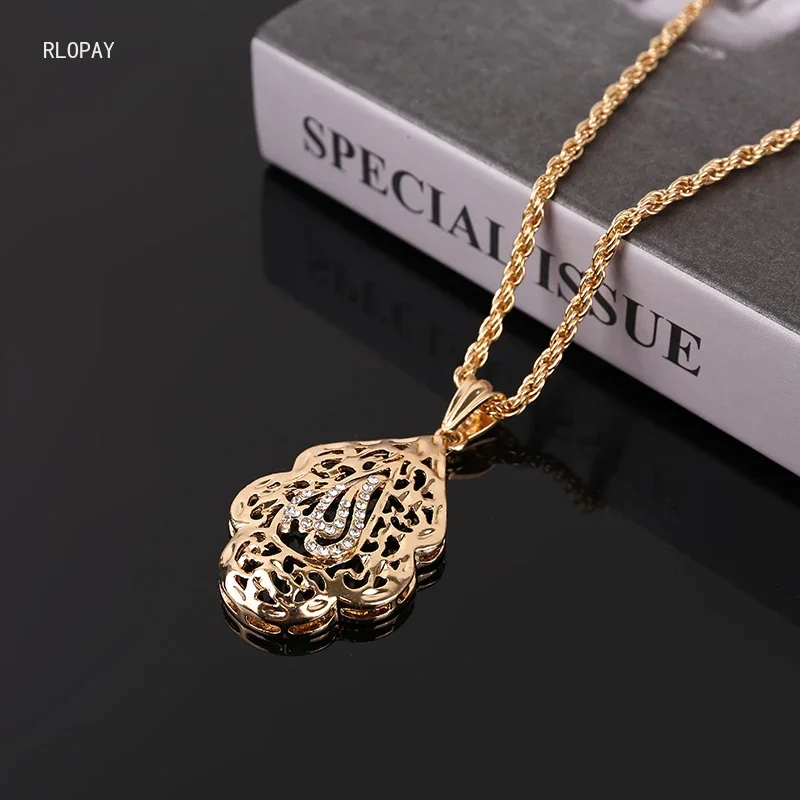 Arabic Royal Allah Pendant Gold Color Long Chain Necklace Pendant  Women Crystal Pendant Mulism Bridal Jewelry Pendants