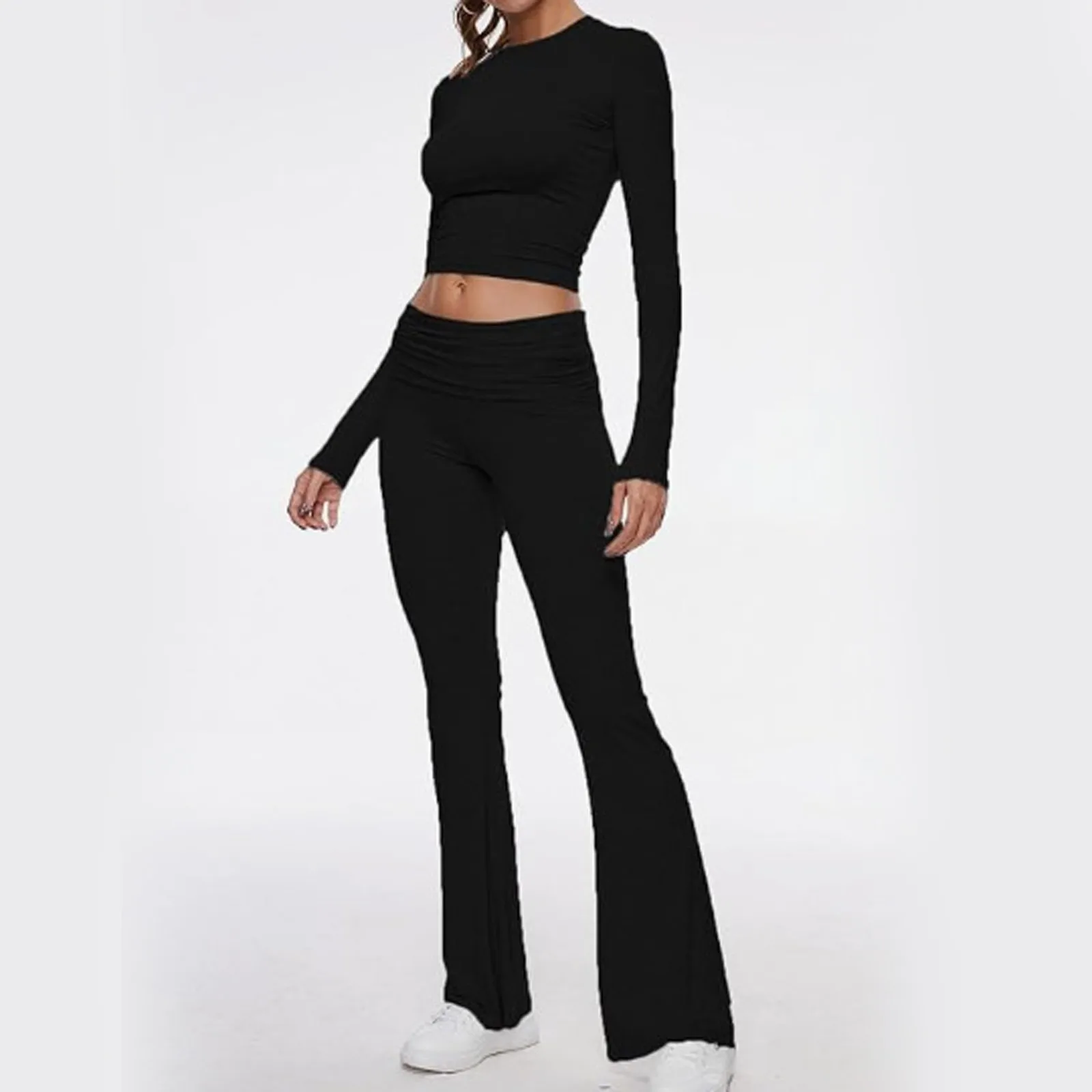 Women Crop Tops Long Pants Two Piece Sets Flare Pants Long Sleeve Cropped Tops Casual Outfits Pajamas Streetwear Spring Autumn