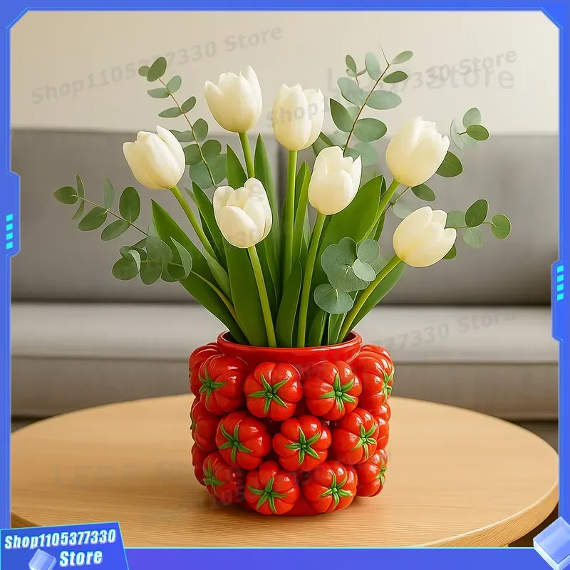 Nordic Style Ceramic Vase Small Fresh Tomato Shape Flower Arrangement Home Decor High End Pastoral Fruit Bowl Handicraft Gift