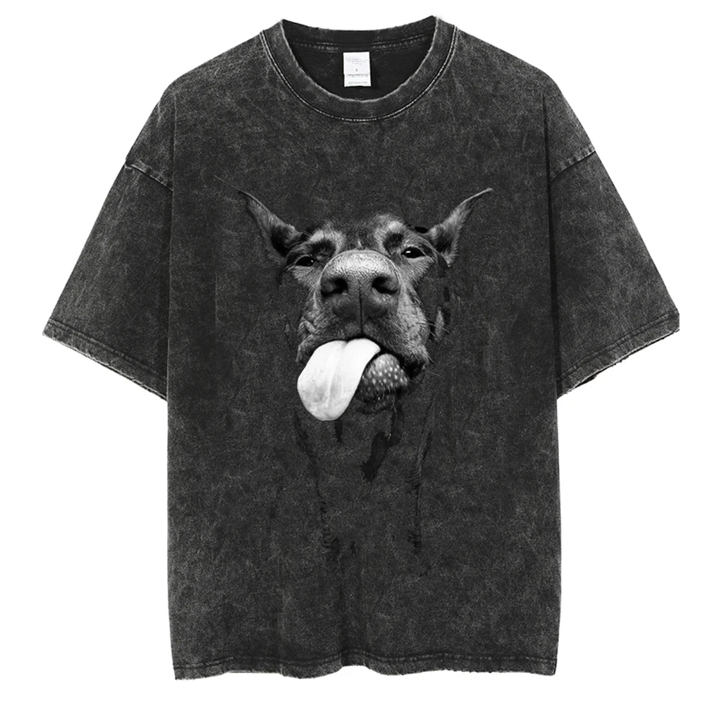 Männer gewaschen Vintage Kurzarm T-Shirts Hip Hop Rottweiler Dobermann Grafik T-Shirt Herren Baumwolle übergroße T-Shirt Streetwear