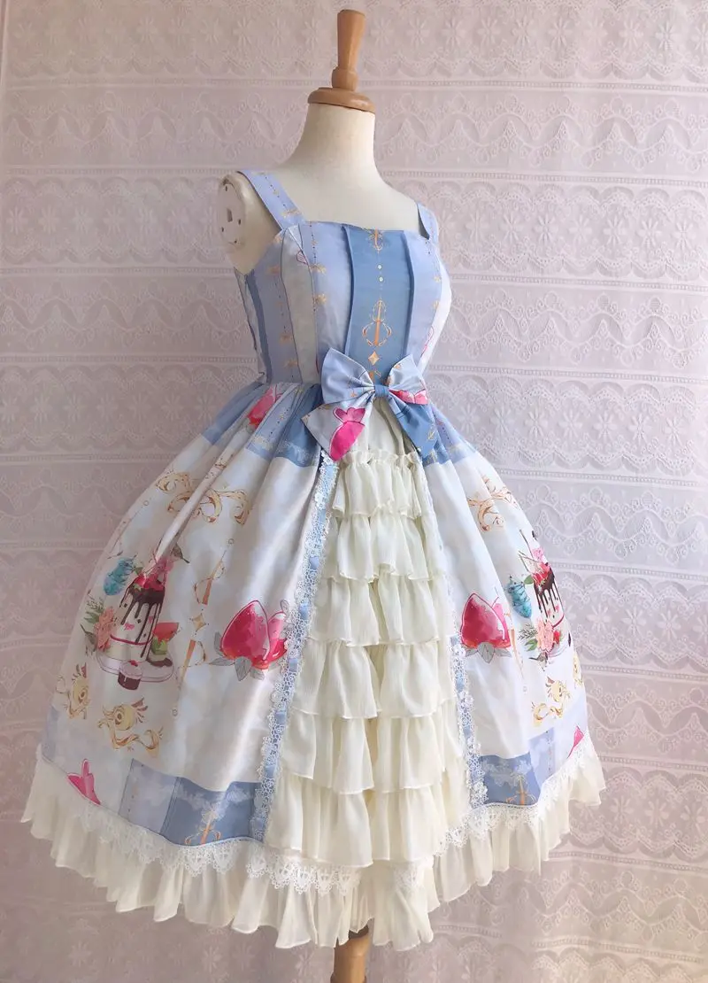 Japanese Elegant Lace Stitching Ruffles Bow Square Neck Sleeveless High Waist A-line Sweet Printed Lolita Jsk Dress Women Summer