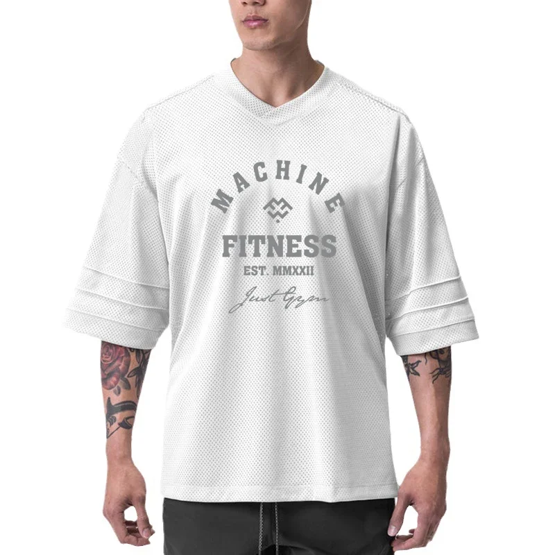 Oversized Gym Fitness Loose T-Shirt Summer Mesh Quick Dry Breathable Short Sleeve Shirts Men Bodybuilding Muscle Casual Clothing