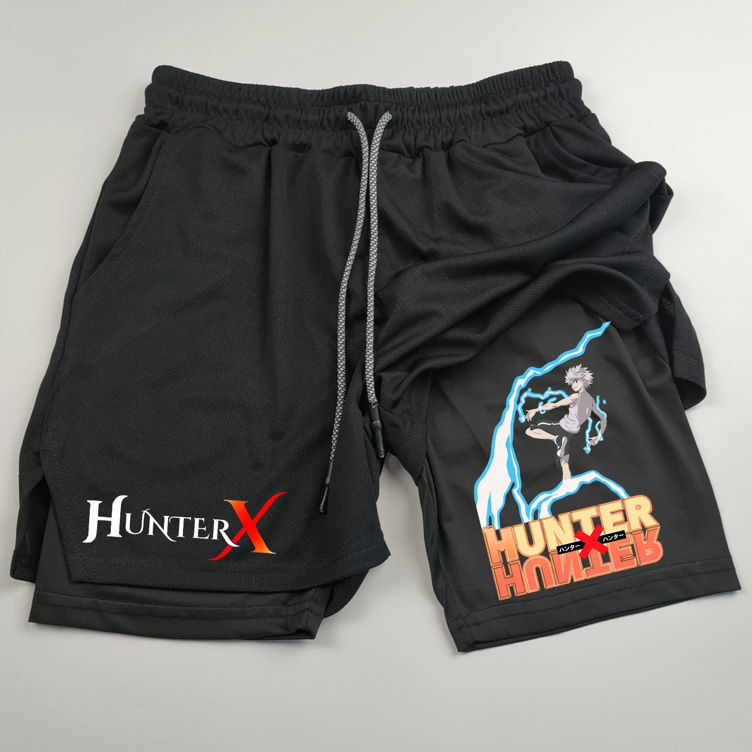 Men\'s Sports Shorts Anime Hunter X Hunter 2-in-1 Double Layer Shorts Quick Drying Breathable Running Fitness gym shorts