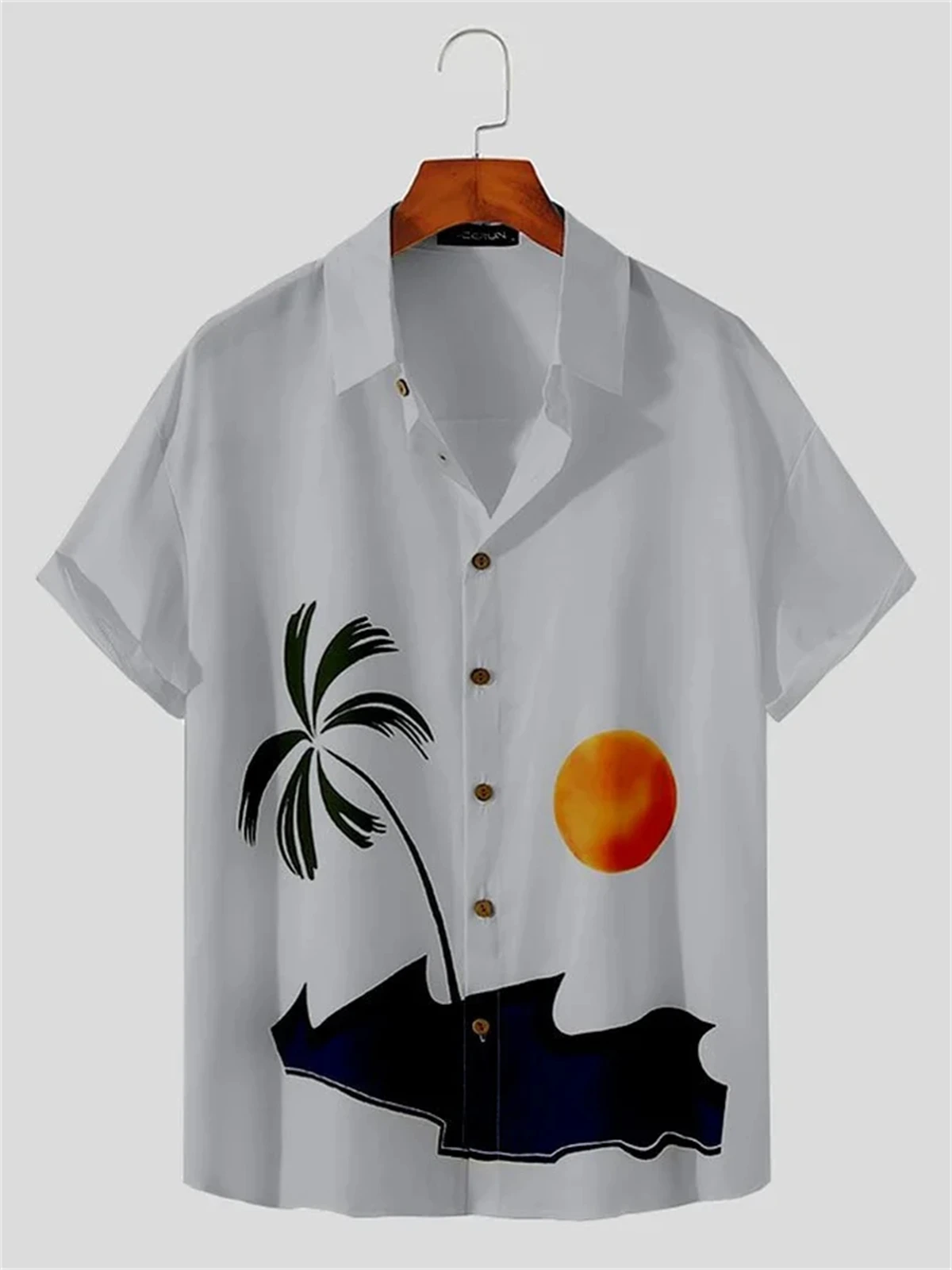 Coconut sunset print men\'s short-sleeved shirt fashionable Hawaiian lapel men\'s tops beach casual men\'s shirt 2024 new style