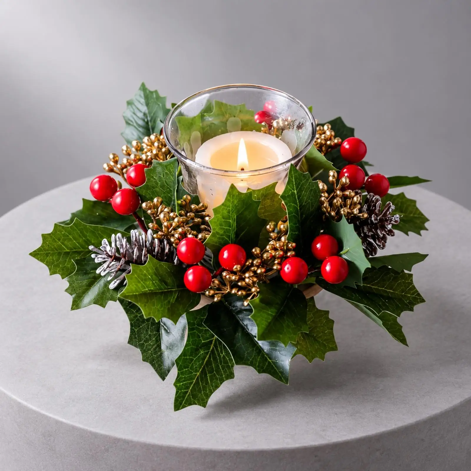 Holiday Wreath Style Candle Holder with Glass Cup Red Berry Pinecone Ornament for Scented Candles Christmas Tabletop Home Decor