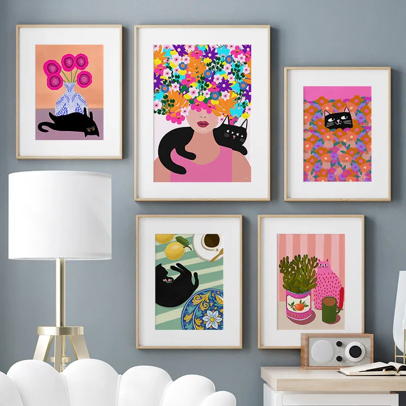 Boho Abstract Girl Vase Flower Black Cat Illustration Wall Art Canvas Painting Nordic Poster & Prints Pictures Living Room Decor view 2