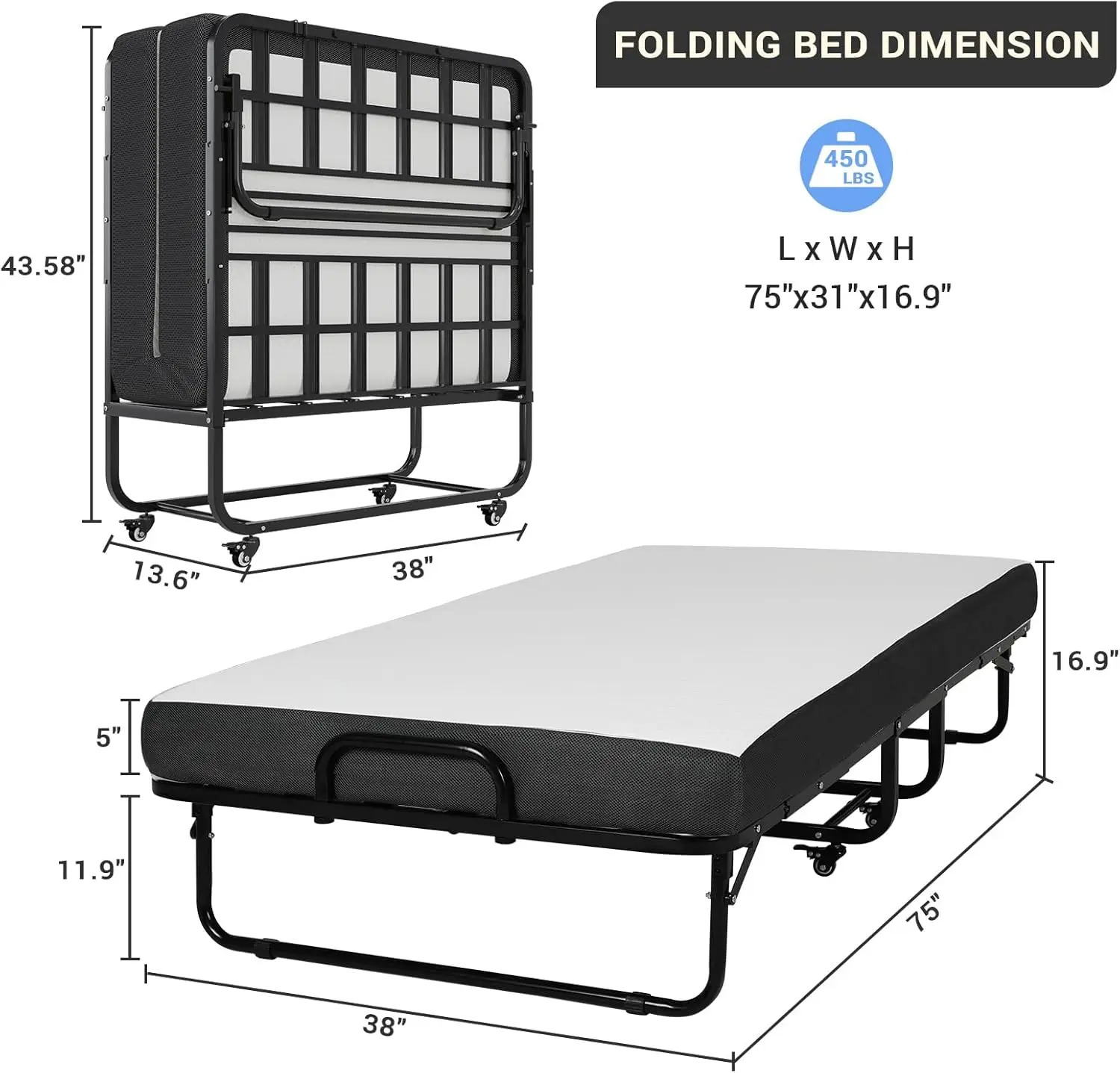 DICTAC Folding Bed with Mattress 75x38 Twin Size Frame Portable Foldable Guest for Adults Rollaway with Wheels