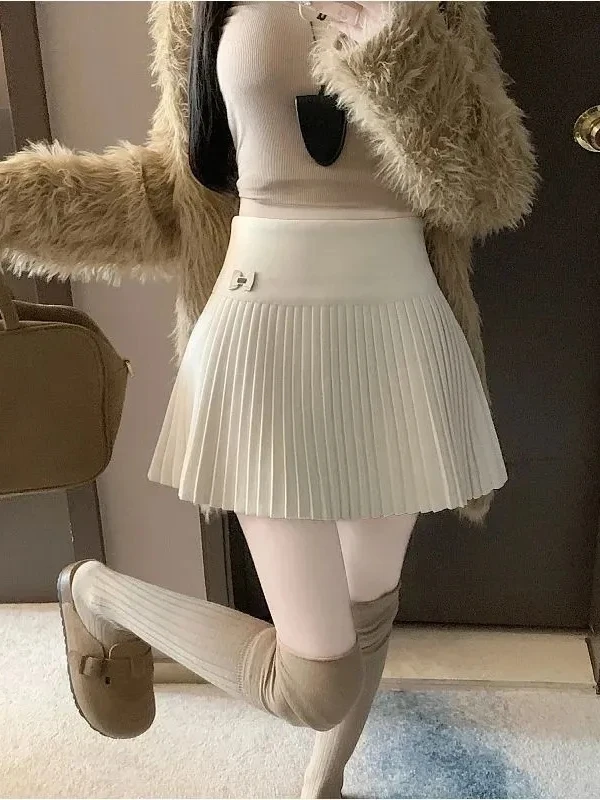 

Korean Sle High Waist Pleated Skirt Women's Knitted College Sle Slim A-Line ort Skirt Beige Color