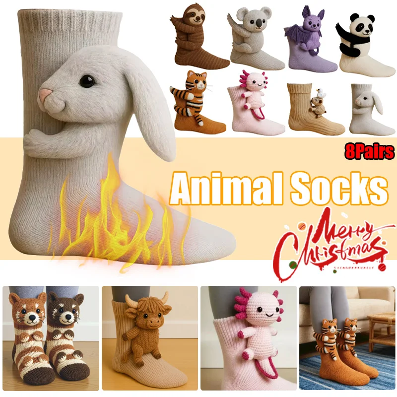 

3D Knit Animal Socks Cute Floor Socks Hand Crocheted Double Layer Warm Sock with Cute Rabbit Panda Animals Christmas Gifts