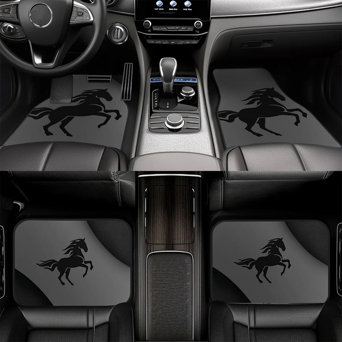 4pcs Non-Slip Car Foot Mats - Black And Gray Galloping Horse Silhouette Design, Suitable For Sedans, Trucks, And SUVs, Easy-to-C