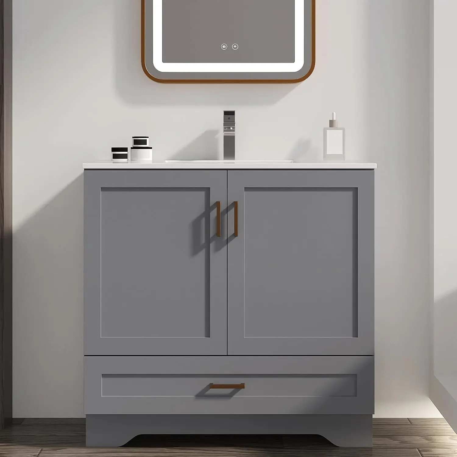 36 inch Bathroom Vanity with Sink, Modern Grey Vanity for Bathroom with Undermount Ceramic Sink, Freestanding 2-Door & 1-Drawer