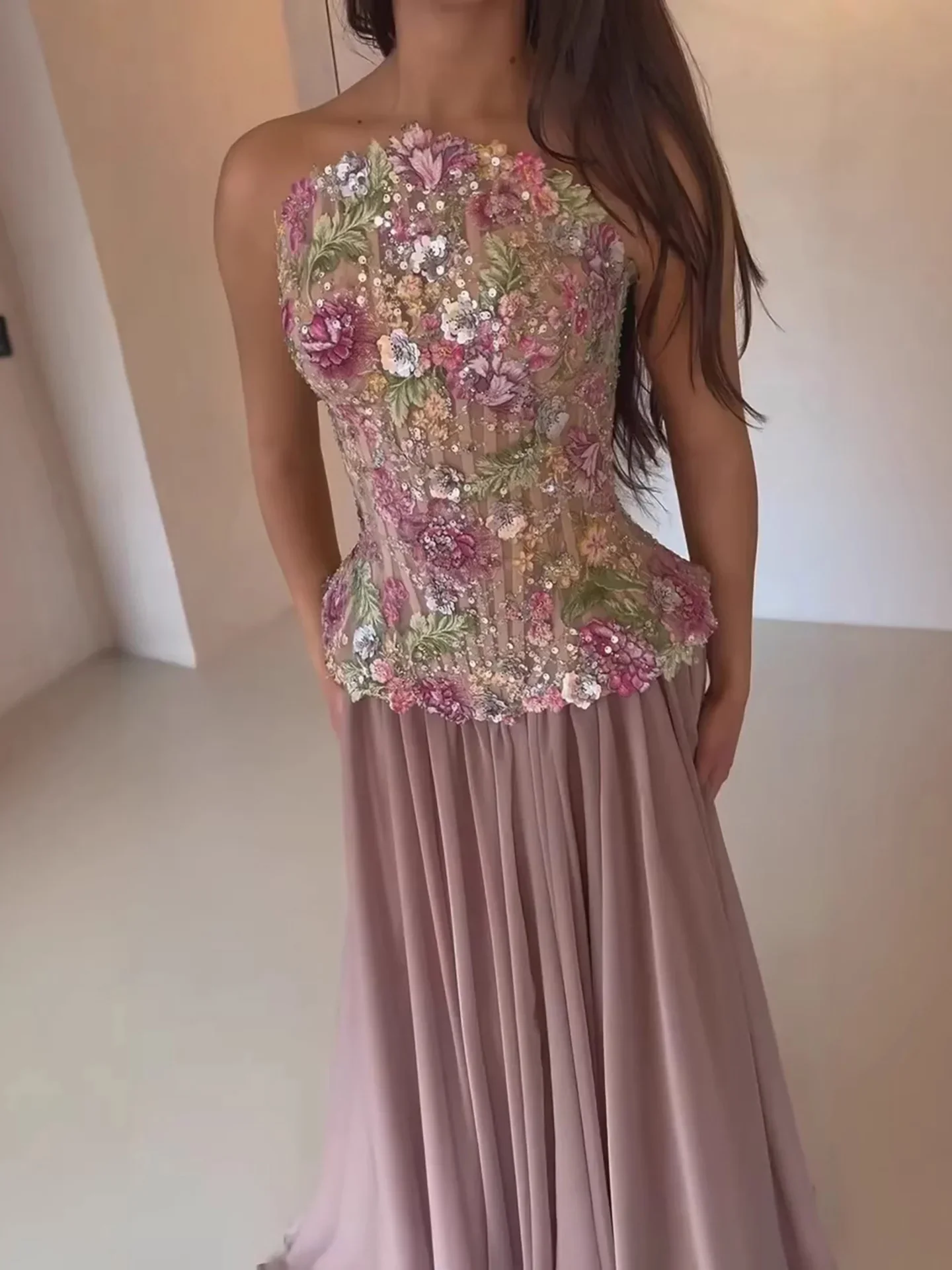 

Custom Flower A-Line Tube Top Lace Evening Dress Elegant Woman's Cocktail Long Prom Dress for Luxury Party 2026