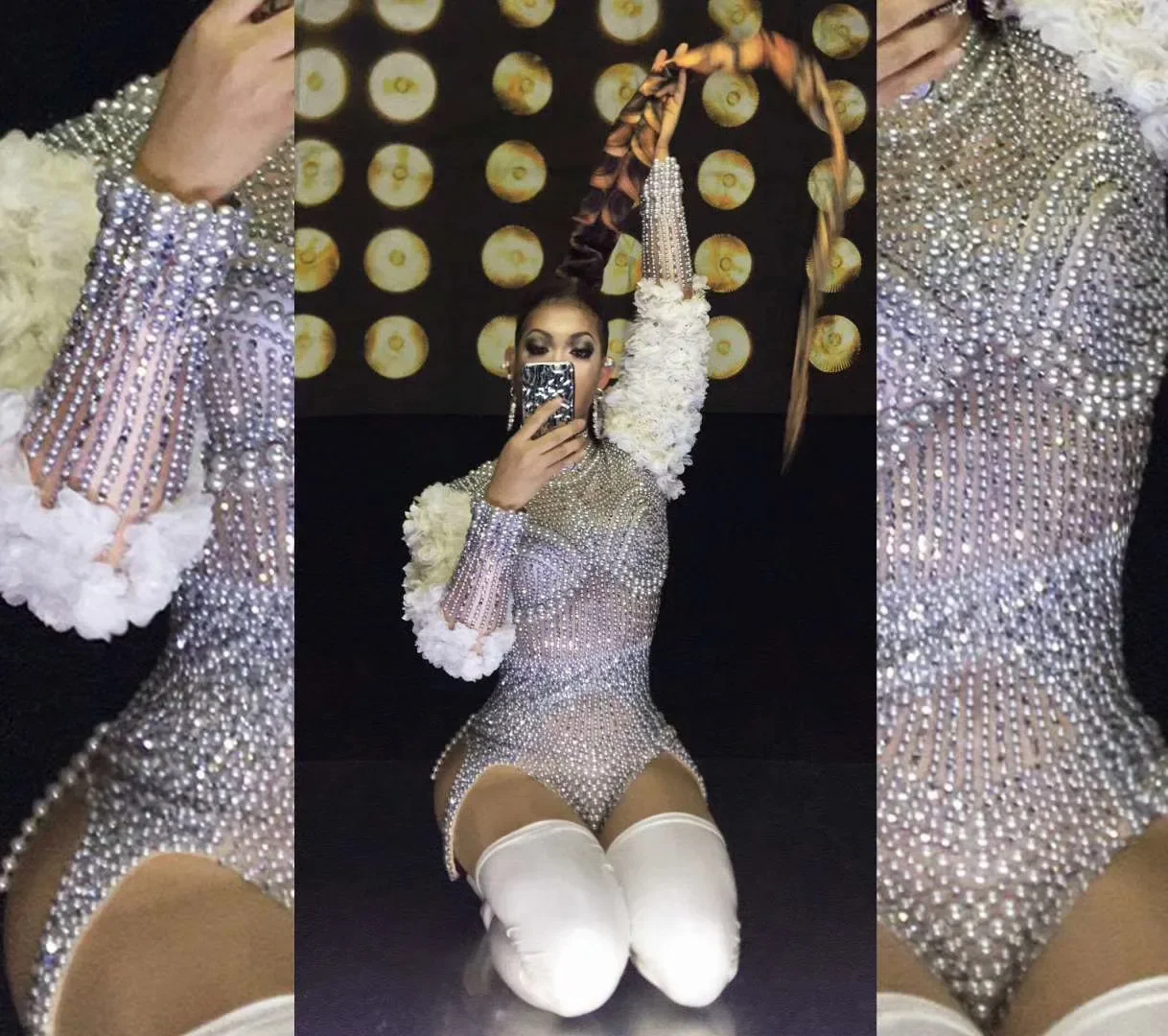 Сексуальные женские роскошные узкие боди с жемчугом для ночного клуба, дня рождения, купальник для танцовщицы, комбинезон, одежда для выступлений, сценический наряд с цветком