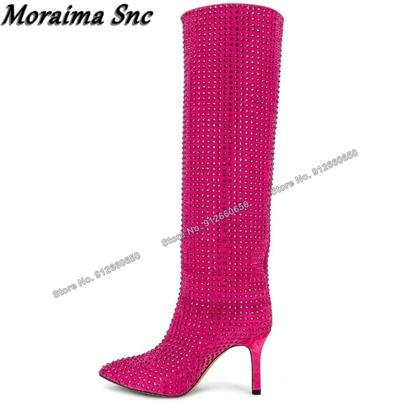 

Moraima Snc Pink Solid Slip on Crystal Boots for Women Knee High Boots Pointed Toe Stilettos High Heels Runway Shoes on Heels