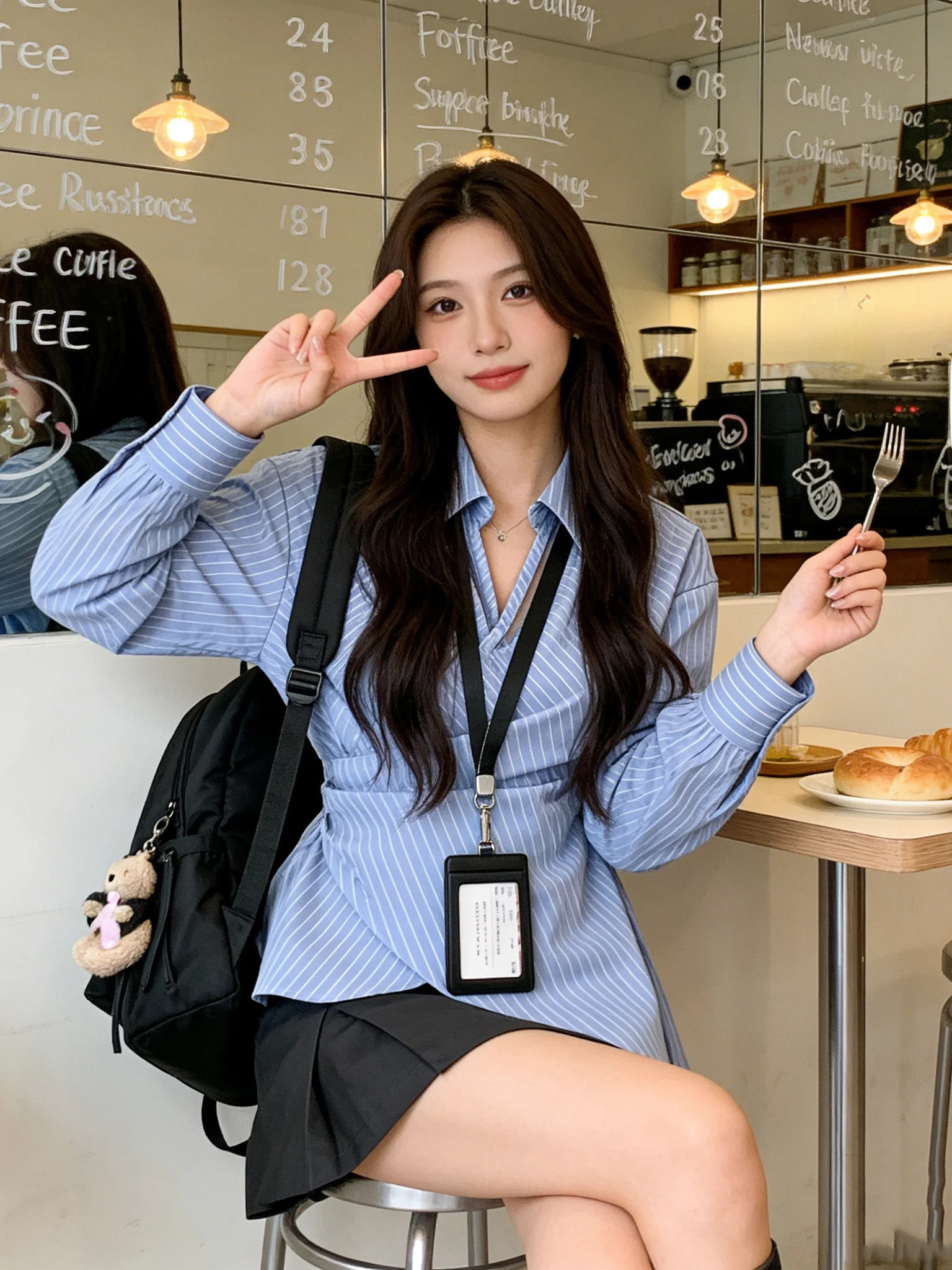 

Blue Striped Long Sleeve Shirt Women's Korean Design Sense Casual Versatile Top Super Beautiful Side Tie Asymmetrical Waist