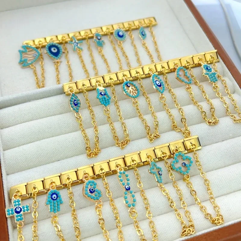 2024 Top Fashion Blue Devil's Eye Chain Charm Italian Modular Links Fit 9mm Elastic Bracelet Making DIY Wholesale Bulk Jewelry